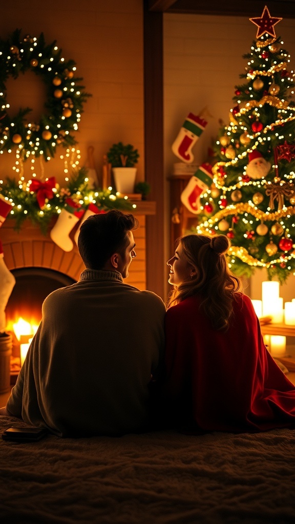 Romantic Quotes for a Cozy Christmas Together A couple enjoying a cozy Christmas evening by the fireplace, sharing love and warmth.